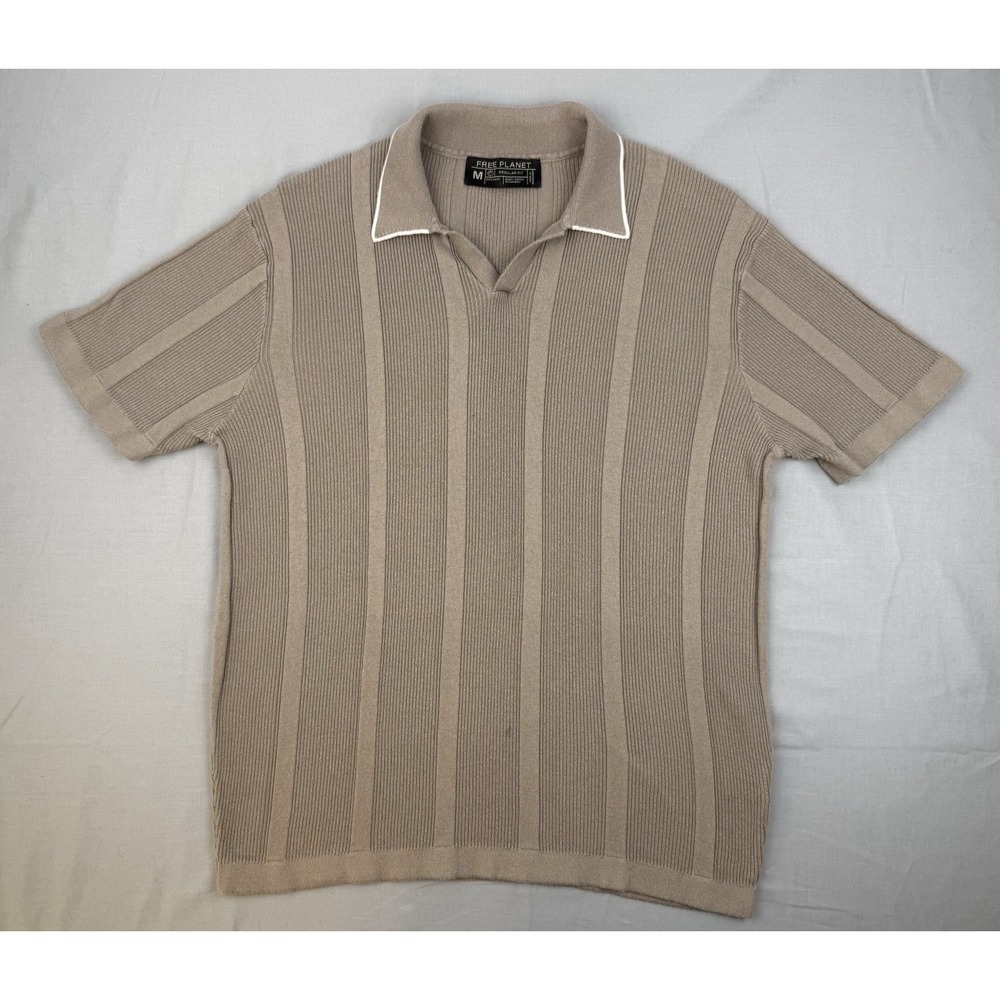 Free Planet Knit Polo Medium Beige Minimal Quiet Luxury Ribbed